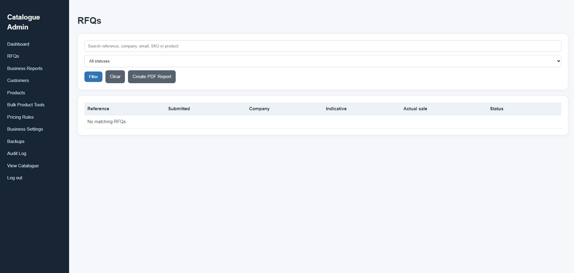 RFQ management admin screen