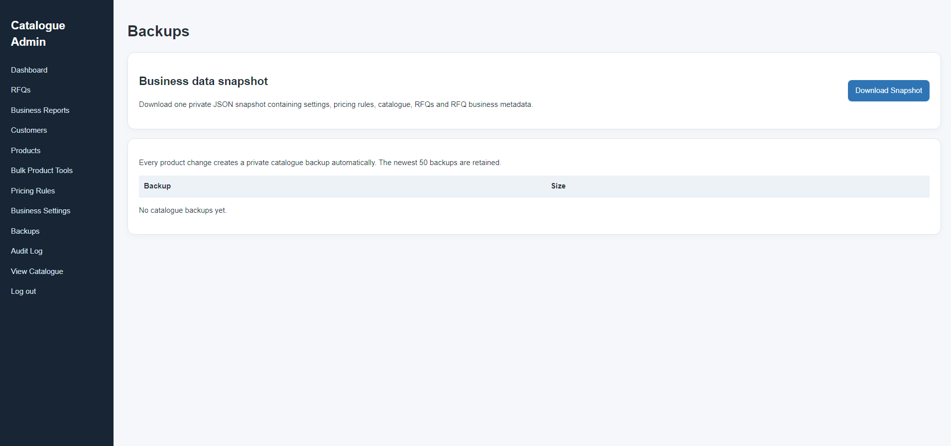Private business data backup screen