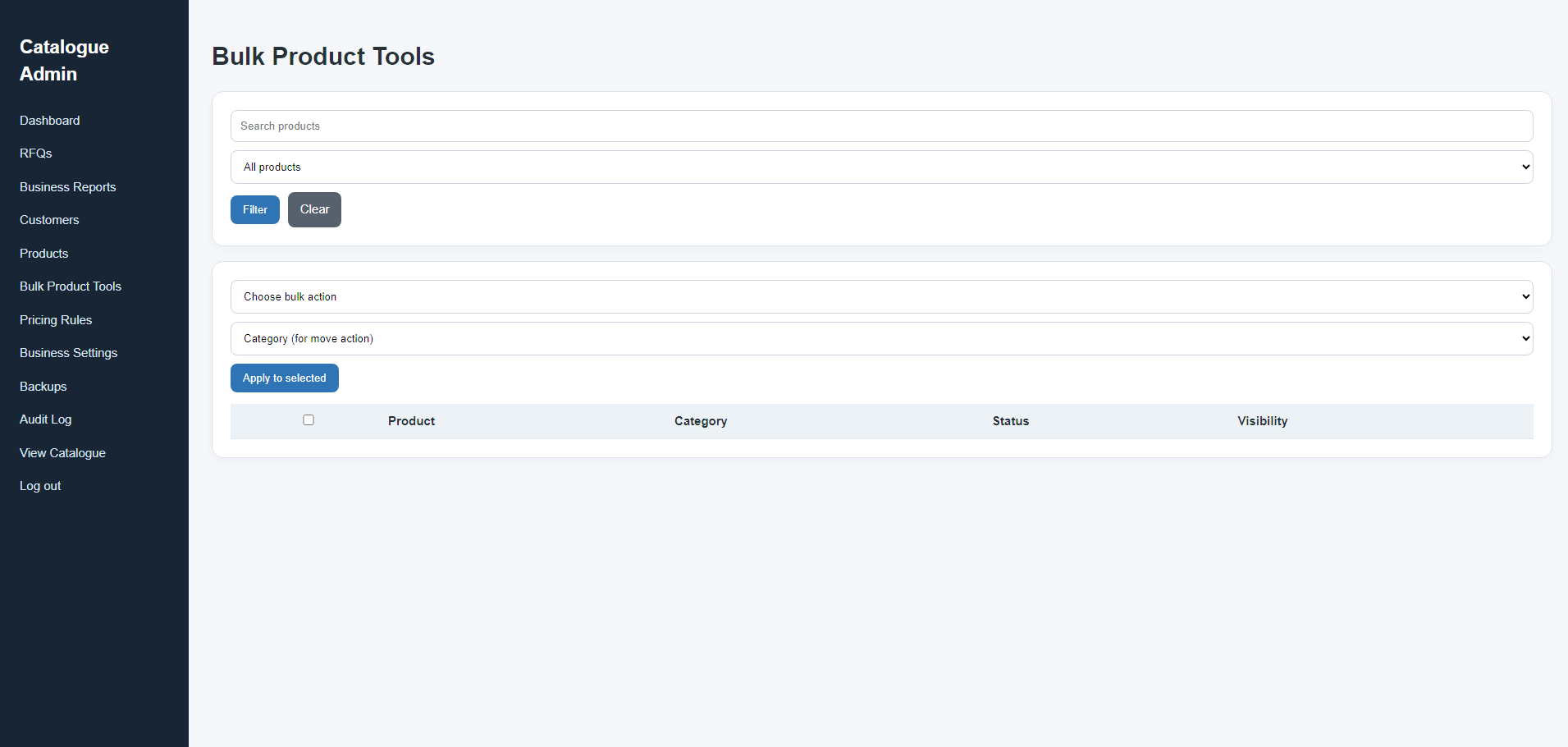 Bulk product tools screen
