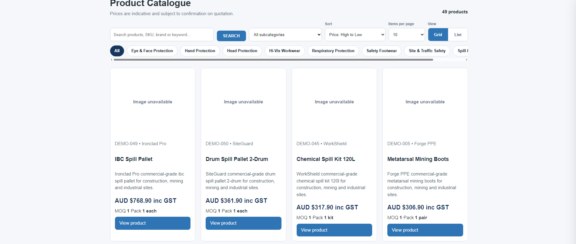 Product catalogue grid with search, categories, sorting and GST pricing