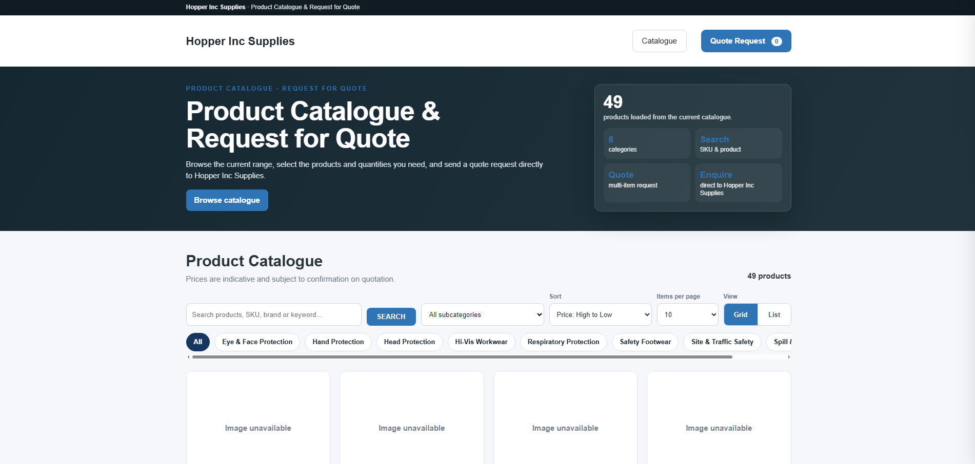 RFQ Software live product catalogue home screen