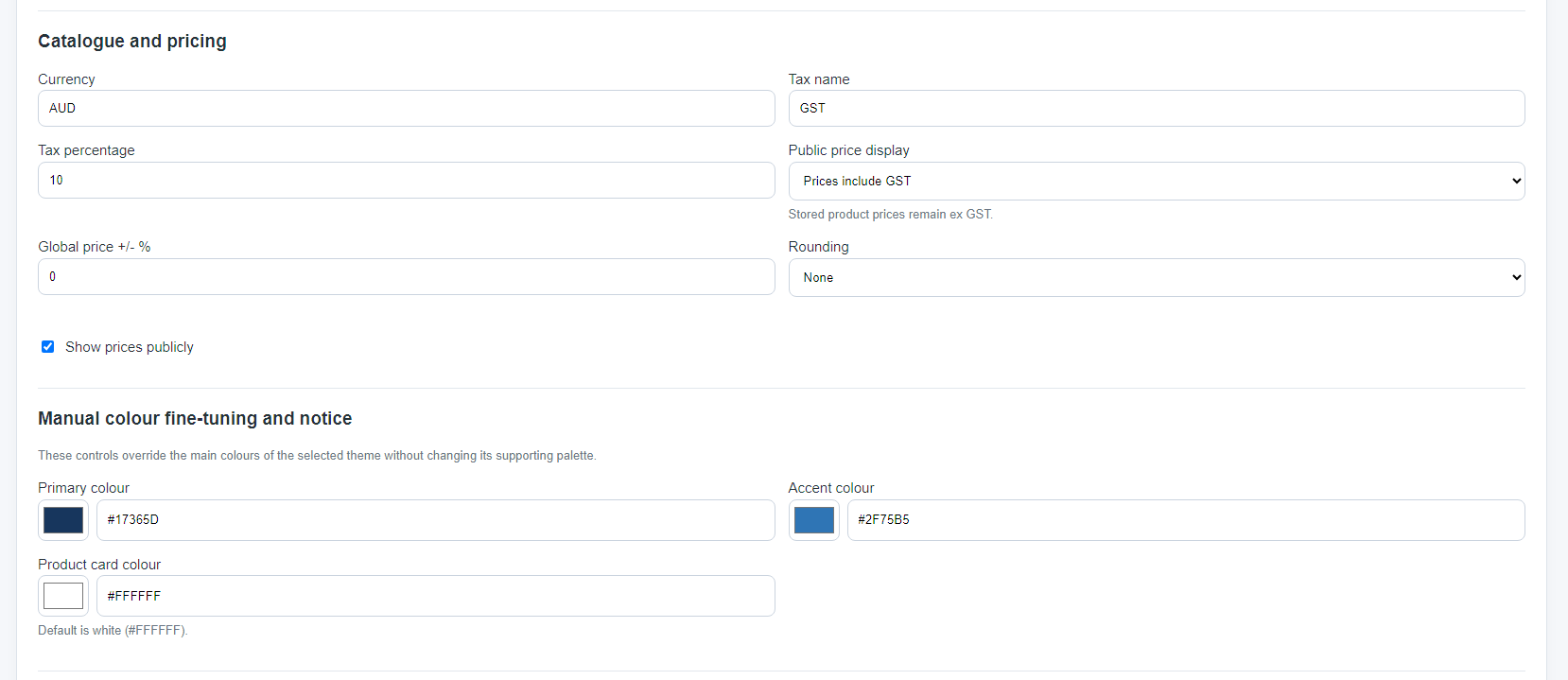 Catalogue and pricing business settings