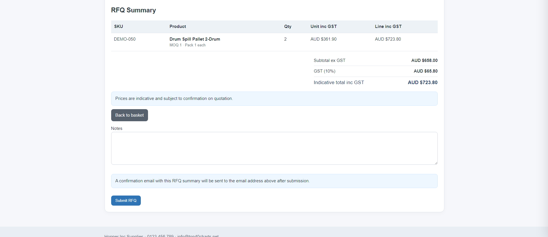 RFQ review screen with tax and total breakdown