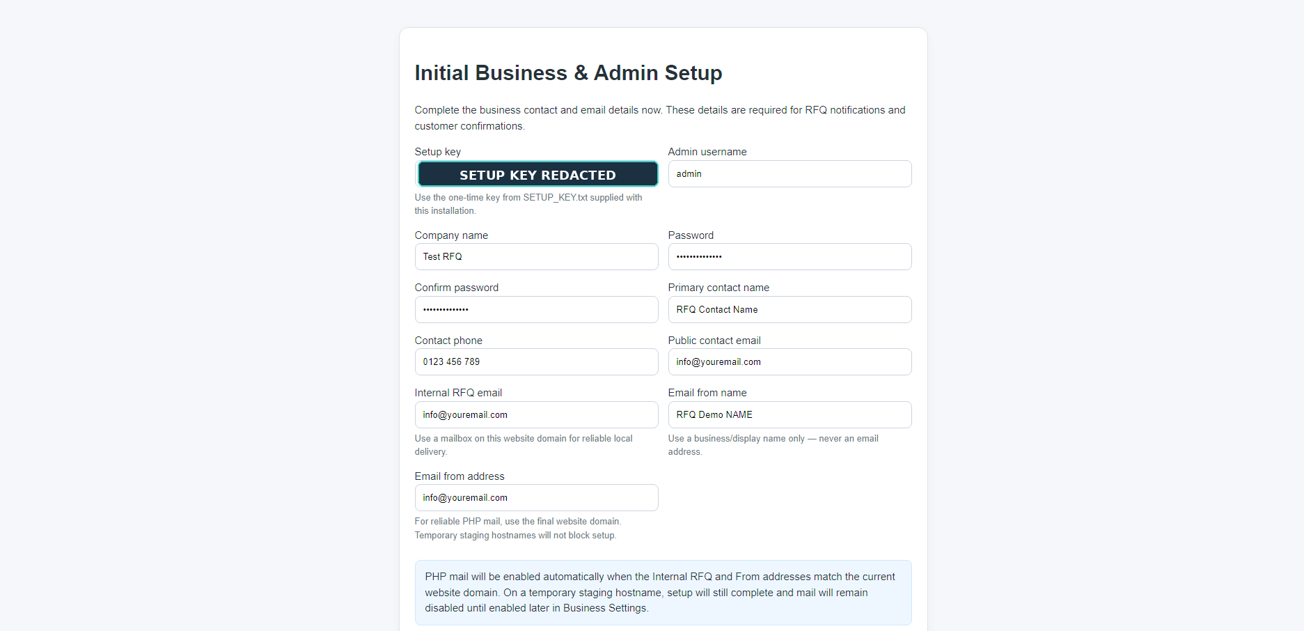 RFQ Software initial business and admin setup screen